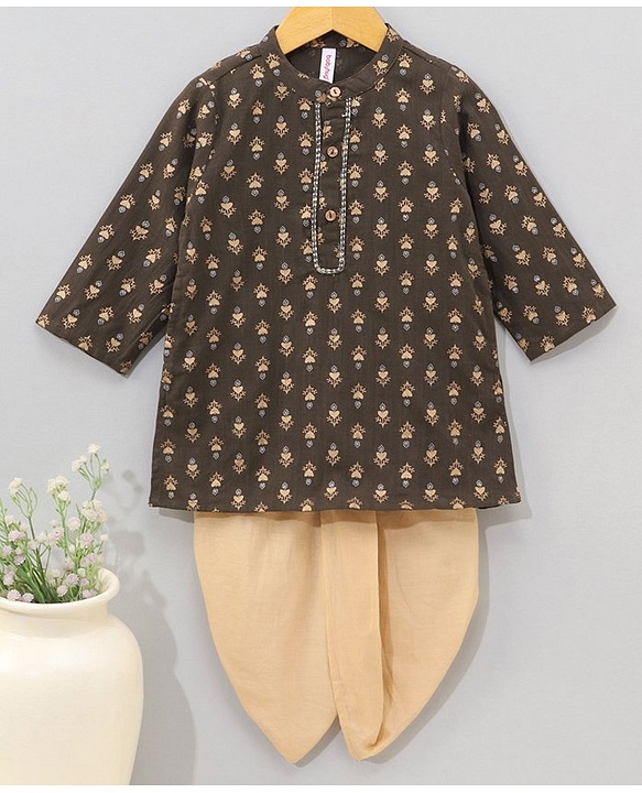 Babyhug Full Sleeves Floral Printed Kurta & Dhoti Set - Charcoal