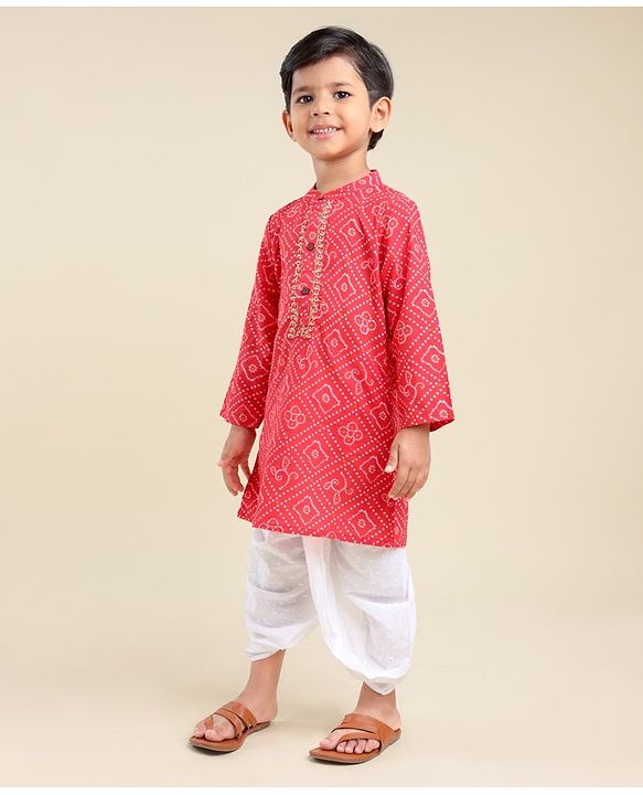 Babyhug  Full Sleeve Bandhani Print Kurta with Dobby Dhoti - Red