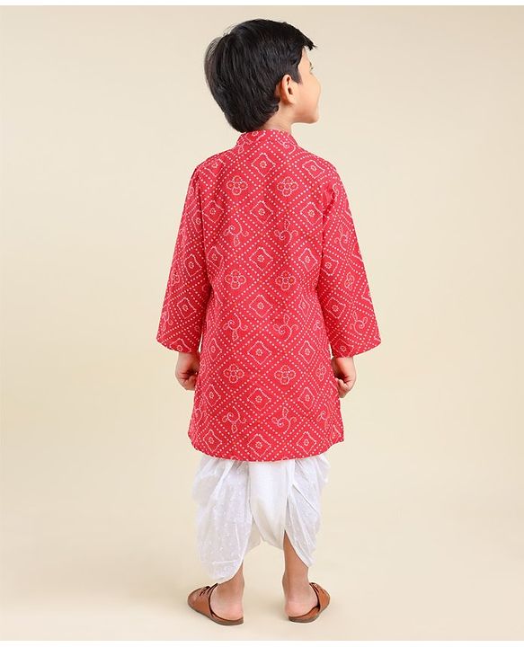Babyhug  Full Sleeve Bandhani Print Kurta with Dobby Dhoti - Red