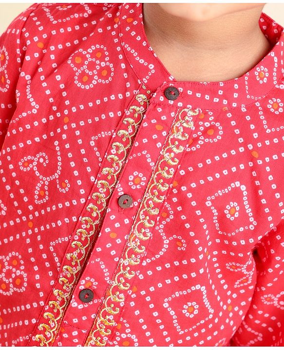 Babyhug  Full Sleeve Bandhani Print Kurta with Dobby Dhoti - Red