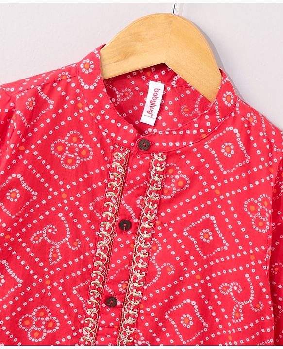 Babyhug  Full Sleeve Bandhani Print Kurta with Dobby Dhoti - Red