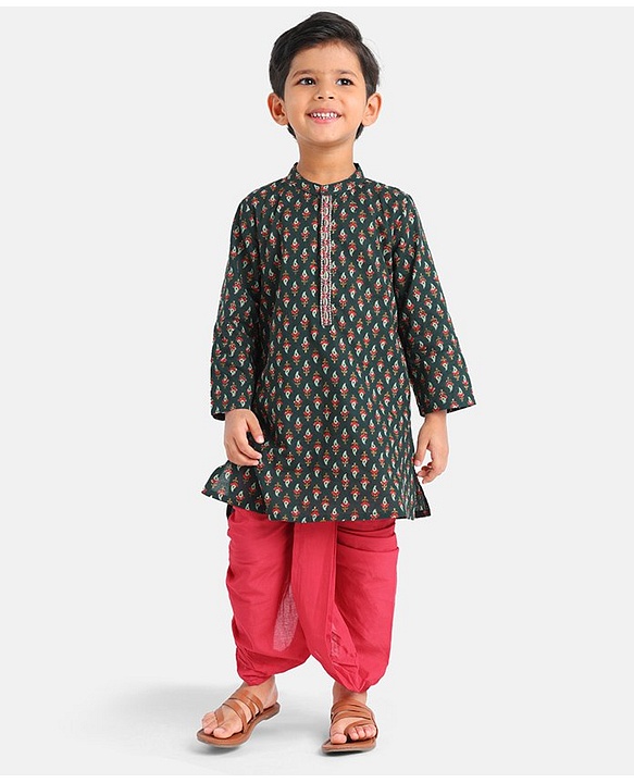 Babyhug Full Sleeves Kurta and Dhoti Set Printed - Dark Green