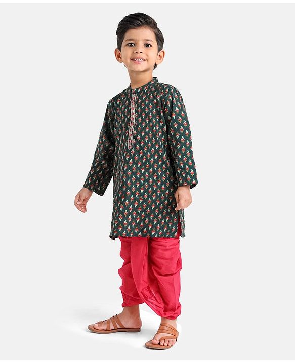 Babyhug Full Sleeves Kurta and Dhoti Set Printed - Dark Green