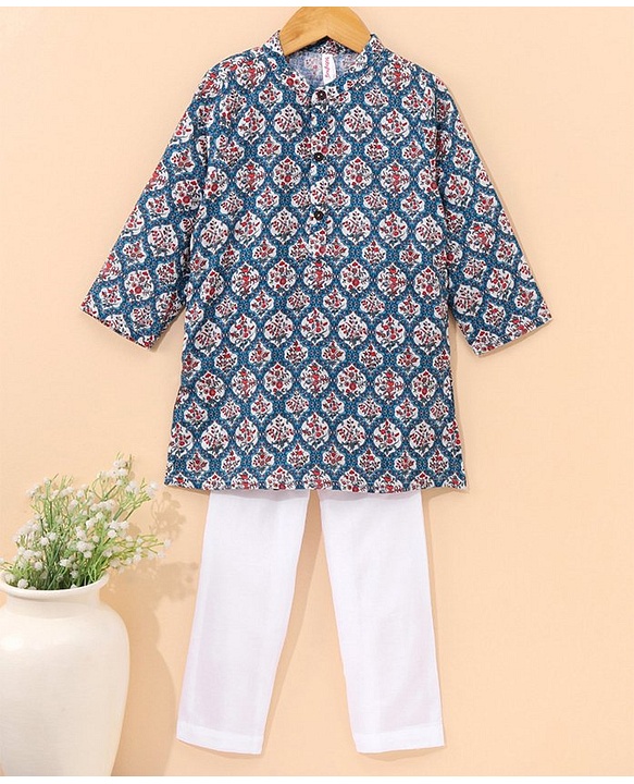 Babyhug Full Sleeve Cotton Printed Kurta Pyjama  Set - Turquoise Blue