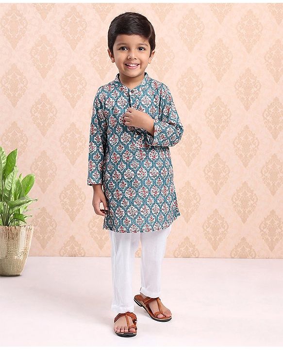 Babyhug Full Sleeve Cotton Printed Kurta Pyjama  Set - Turquoise Blue