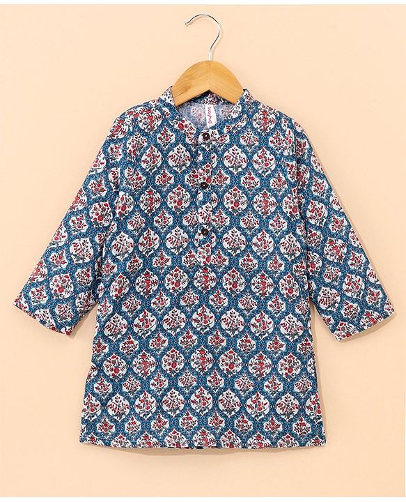 Babyhug Full Sleeve Cotton Printed Kurta Pyjama  Set - Turquoise Blue