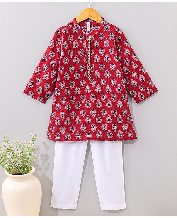Babyhug Cotton Full Sleeves Kurta Pyjama Set Leaf Print - Red