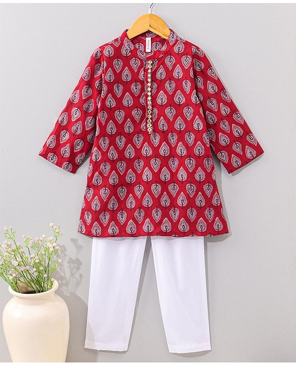 Babyhug Cotton Full Sleeves Kurta Pyjama Set Leaf Print - Red