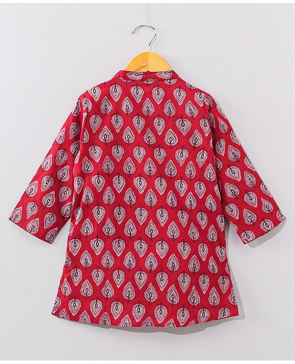 Babyhug Cotton Full Sleeves Kurta Pyjama Set Leaf Print - Red