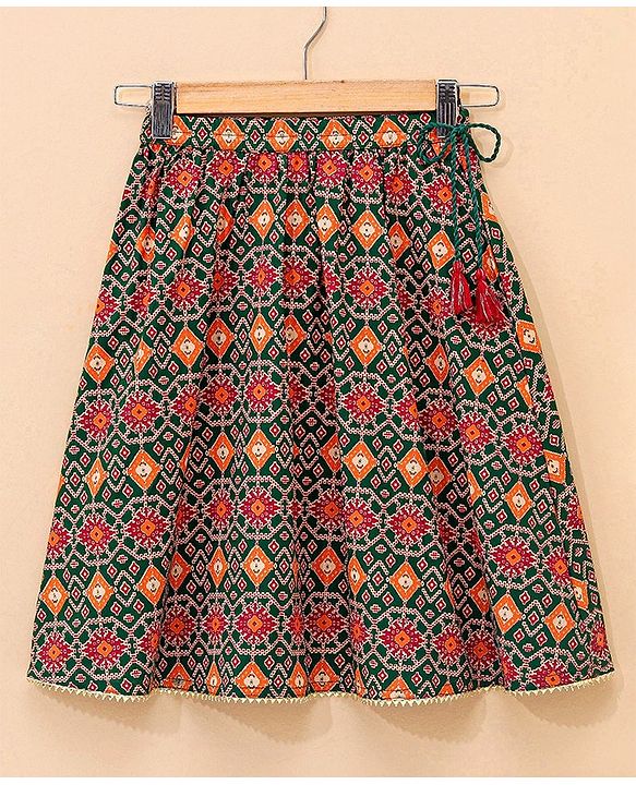 Babyhug Sleeveless Lehenga Choli and Dupatta Set Jaipuri Print - Red & Green