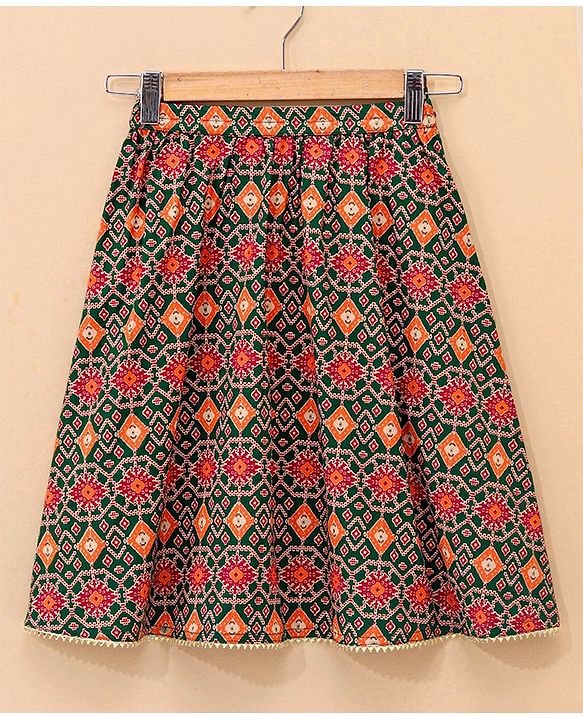 Babyhug Sleeveless Lehenga Choli and Dupatta Set Jaipuri Print - Red & Green