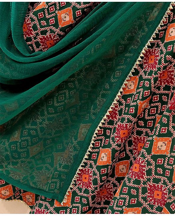 Babyhug Sleeveless Lehenga Choli and Dupatta Set Jaipuri Print - Red & Green