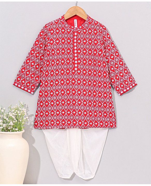 Babyhug Full Sleeve Cotton Thread Embrodered Kurta Pyjama  Set - Red