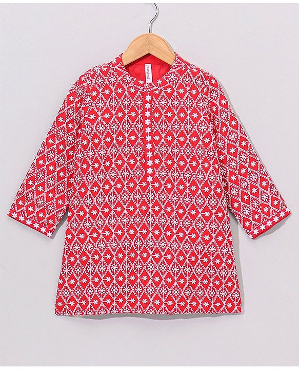 Babyhug Full Sleeve Cotton Thread Embrodered Kurta Pyjama  Set - Red