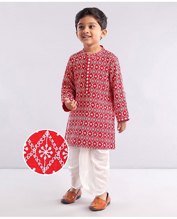 Babyhug Full Sleeve Cotton Thread Embrodered Kurta Pyjama  Set - Red