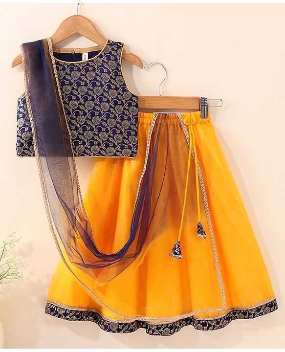 Babyhug Sleeveless Embroidered Choli Lehenga And Dupatta - Blue Yellow