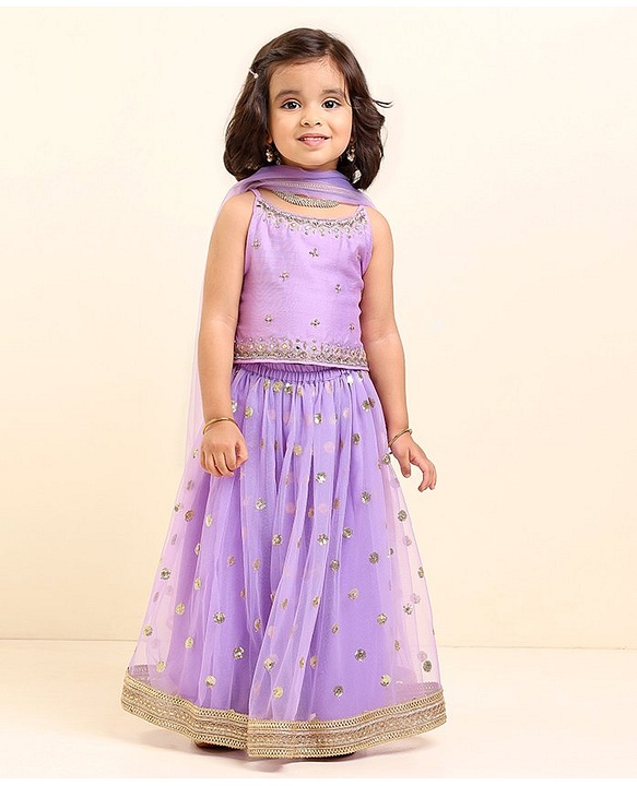 Babyhug Sleeveless Choli & Lehenga With Dupatta Sequin Embroidery- Lavender