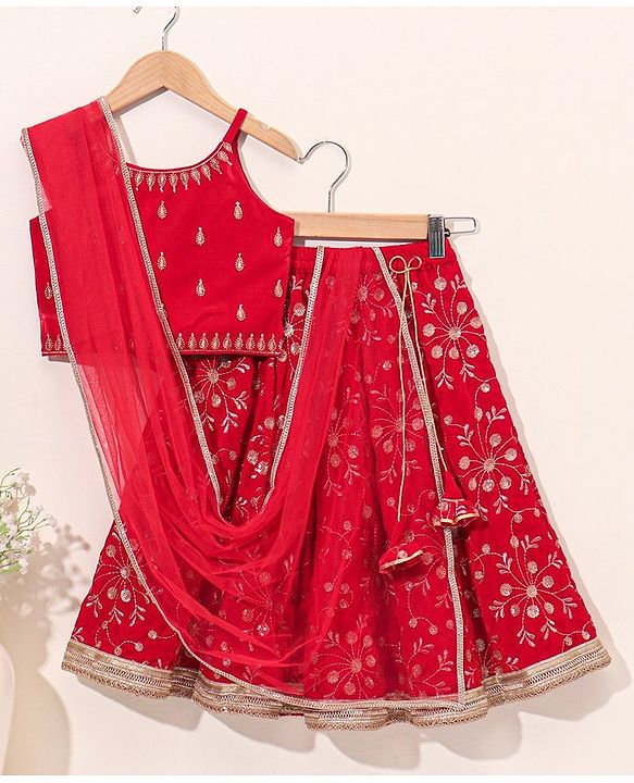 Babyhug Sleeveless Embroidered Choli Lehenga And Dupatta - Red