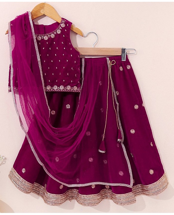 Babyhug Sleeveless Choli & Lehenga with Dupatta Embroidered - Magenta