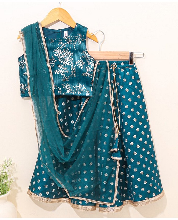 Babyhug Sleeveless Choli & Lehenga with Dupatta Embellished - Blue