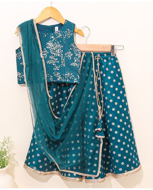 Babyhug Sleeveless Choli & Lehenga with Dupatta Embellished - Blue