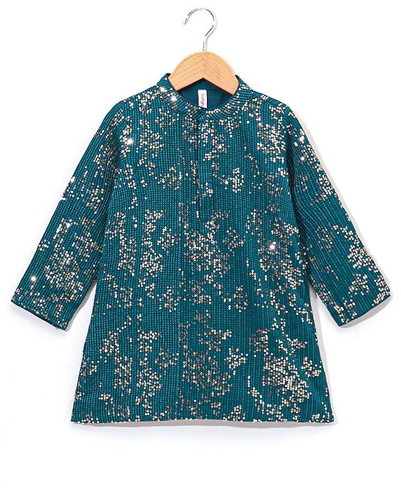Babyhug Full Sleeves Solid Kurta Dhoti Set All Over Sequins - Blue Yellow
