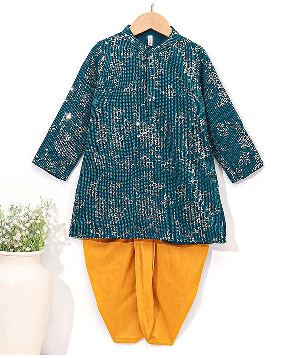 Babyhug Full Sleeves Solid Kurta Dhoti Set All Over Sequins - Blue Yellow