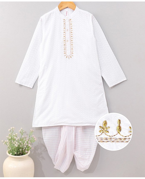 Babyhug Full Sleeves Embroidered Kurta & Striped Dhoti - White