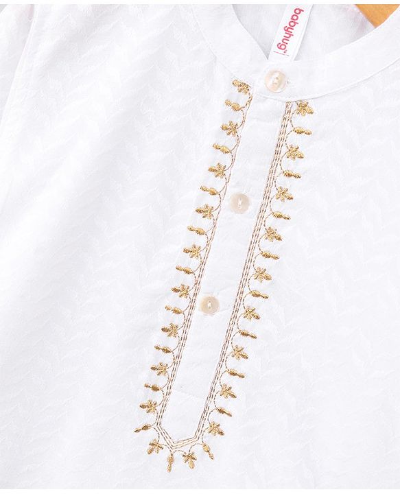 Babyhug Full Sleeves Embroidered Kurta & Striped Dhoti - White