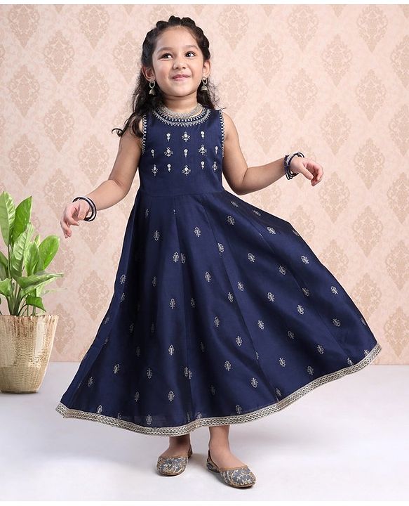 Babyhug Sleeveless Printed Ethnic Dress With Embroidery- Navy Blue