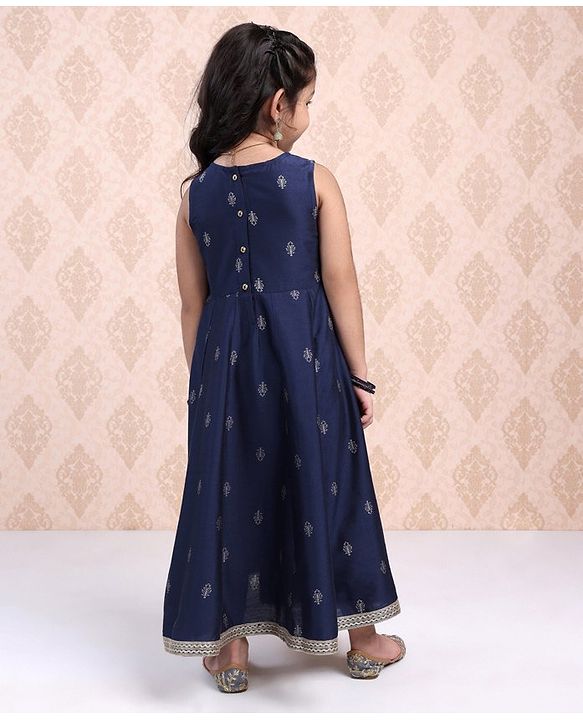 Babyhug Sleeveless Printed Ethnic Dress With Embroidery- Navy Blue