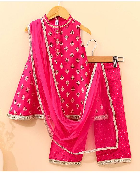 Babyhug Sleeveless Kurta and Salwar set with Dupatta Embroidered - Fuschia