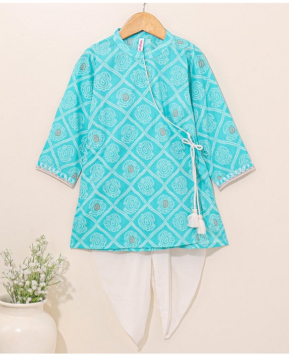 Babyhug Cotton Woven Full Sleeves Ethnic Printed Kurta & Dhoti Set - Blue