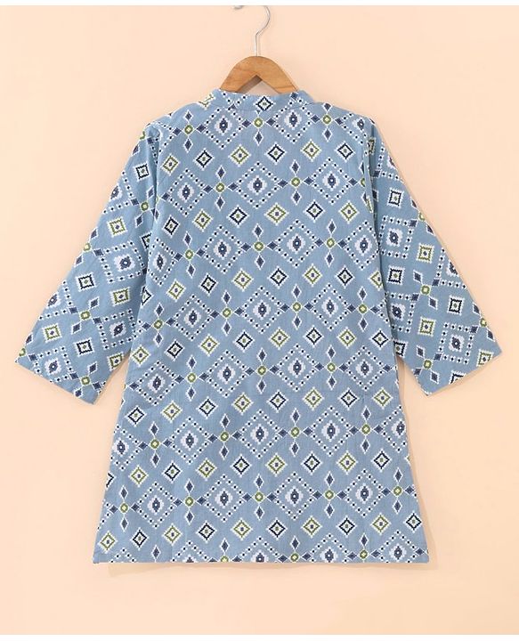 Babyhug Full Sleeves Cotton Printed Kurta & Striped Dhoti Set- Light Blue