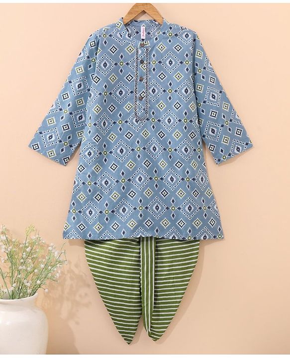Babyhug Full Sleeves Cotton Printed Kurta & Striped Dhoti Set- Light Blue