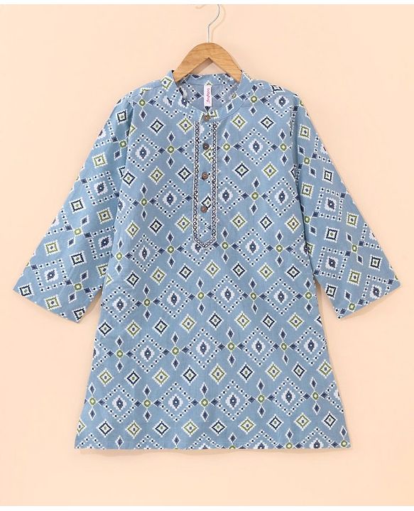 Babyhug Full Sleeves Cotton Printed Kurta & Striped Dhoti Set- Light Blue