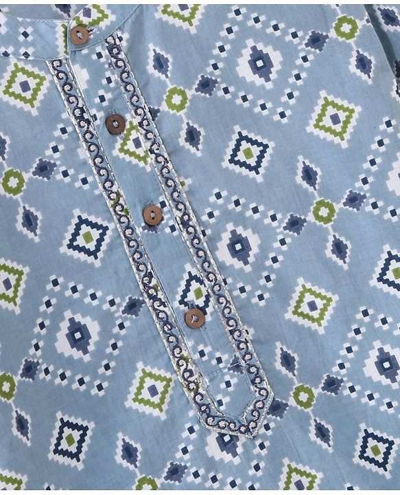 Babyhug Full Sleeves Cotton Printed Kurta & Striped Dhoti Set- Light Blue