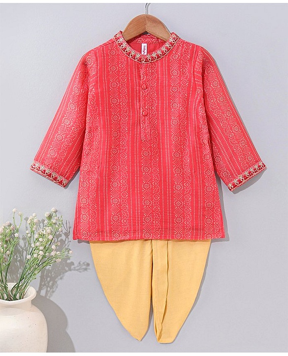 Babyhug Full Sleeves Kurta and Dhoti Set Bandhani Print - Coral