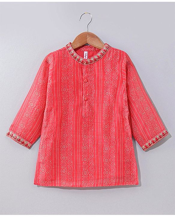 Babyhug Full Sleeves Kurta and Dhoti Set Bandhani Print - Coral