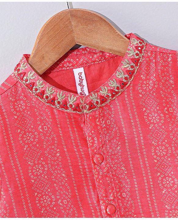 Babyhug Full Sleeves Kurta and Dhoti Set Bandhani Print - Coral