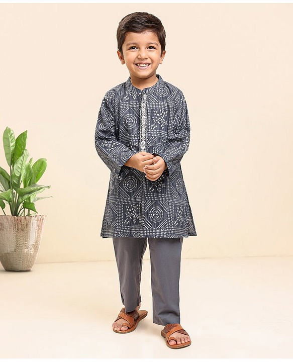 Babyhug Cotton Woven Full Sleeves Kurta & Pajama Set Ethnic Print - Grey
