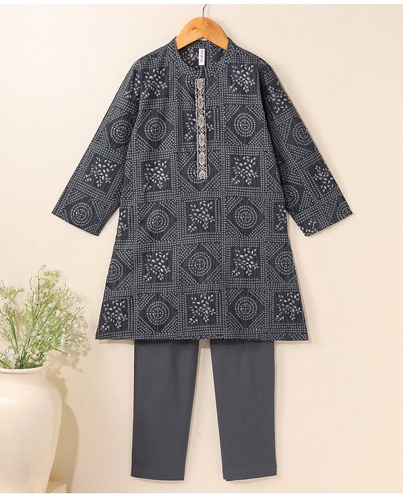 Babyhug Cotton Woven Full Sleeves Kurta & Pajama Set Ethnic Print - Grey