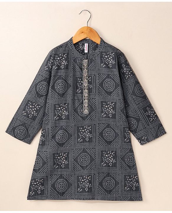 Babyhug Cotton Woven Full Sleeves Kurta & Pajama Set Ethnic Print - Grey