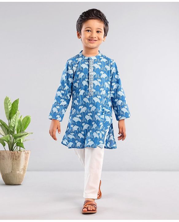 Babyhug Cotton Woven Full Sleeves Kurta With Pyjama Floral Printed- Indigo