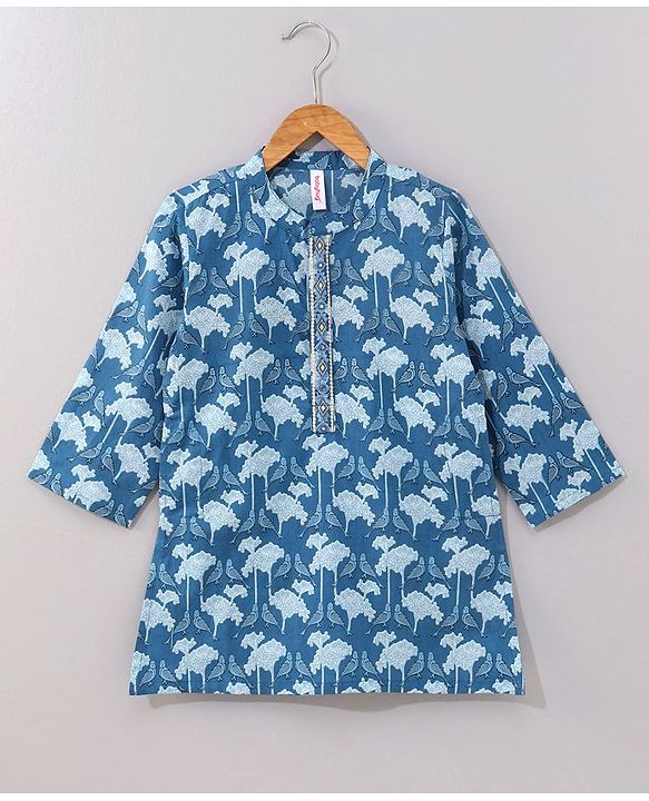 Babyhug Cotton Woven Full Sleeves Kurta With Pyjama Floral Printed- Indigo