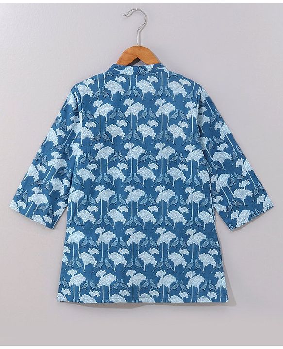 Babyhug Cotton Woven Full Sleeves Kurta With Pyjama Floral Printed- Indigo
