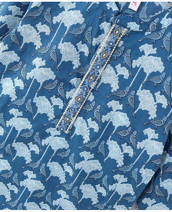 Babyhug Cotton Woven Full Sleeves Kurta With Pyjama Floral Printed- Indigo
