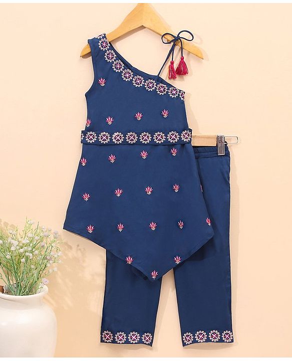 Babyhug Sleeveless Embroided  Kurti and Salwar Set - Navy Blue