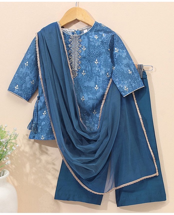 Babyhug Three Fourth Sleeves Embroidered Kurti & Palazo with Dupatta - Blue