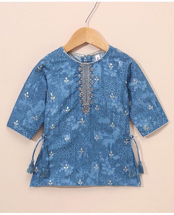 Babyhug Three Fourth Sleeves Embroidered Kurti & Palazo with Dupatta - Blue